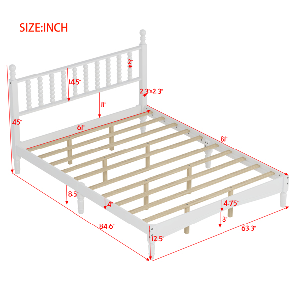 Queen Size Wood Platform Bed with Gourd Shaped Headboard,Retro Style Platform Bed with Wooden Slat Support,Walnut