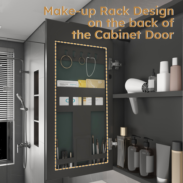 铝制药柜镜，35 x 28 英寸药柜，带 3 种颜色的 LED 灯和除雾功能，浴室镜柜，带化妆品收纳架和吹风机支架，灰色-6
