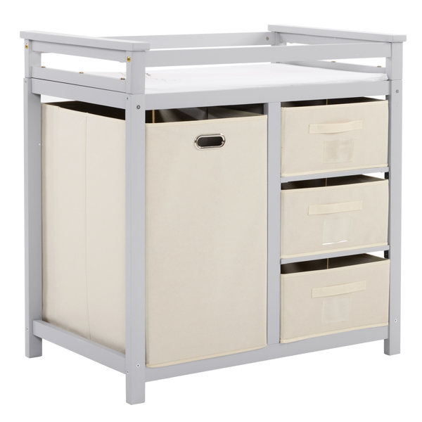 FCH Wooden Frame Removable Top Gray Painted Pine Children's Cot with 3 Fabric Drawers + 1 Fabric Bag