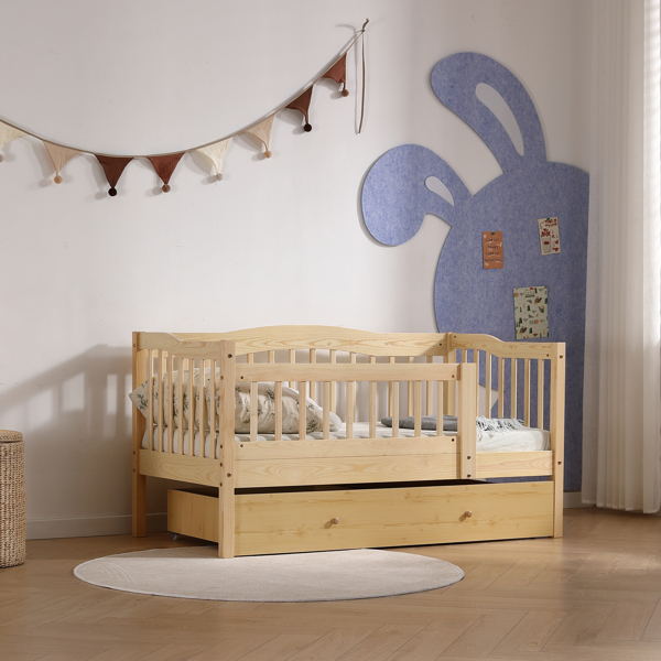 FCH Vertical Fence Wood Painted Pine Toddler Bed with Bottom Drawer and Side Car Bed