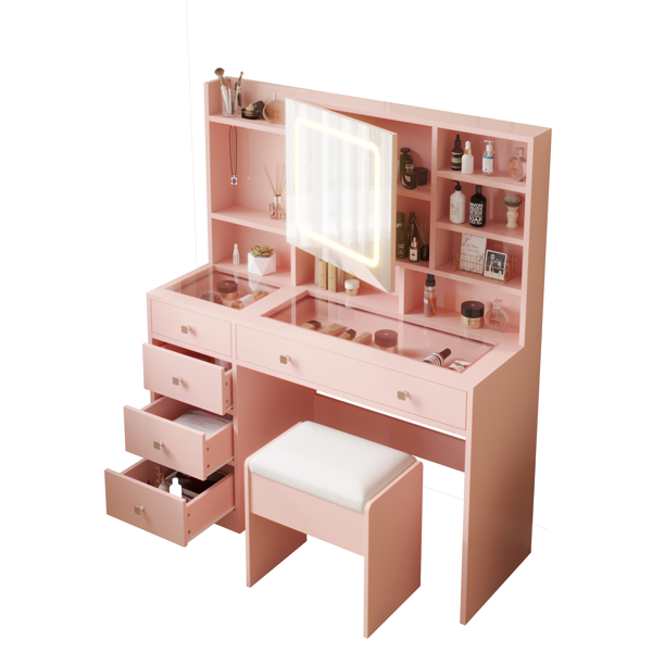 Apple Pink Textured Particle Board with Melamine Laminate, Tempered Glass Top, Five-Drawer Dressing Table Set with Shelves, Hooks, Power Strip, and LED Three-Color Dimmable Light