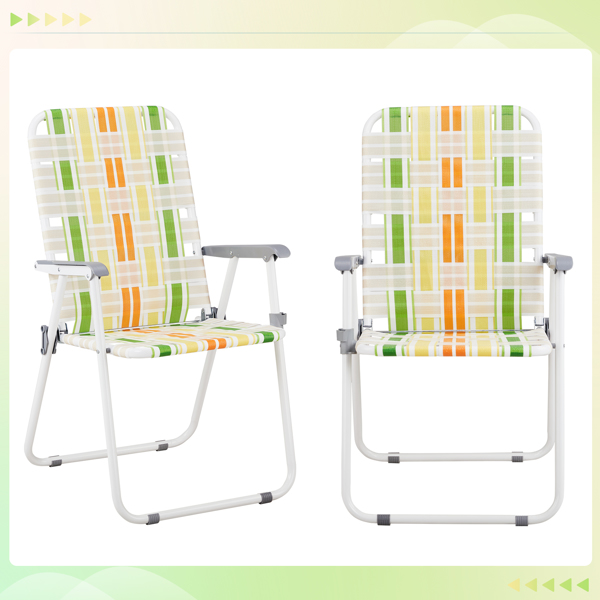 Set of 2 Webbed Folding Beach Chairs, Outdoor Patio Lawn Foldable Chairs for Camping Fishing Yard Poolside BBQ, Yellow & Green