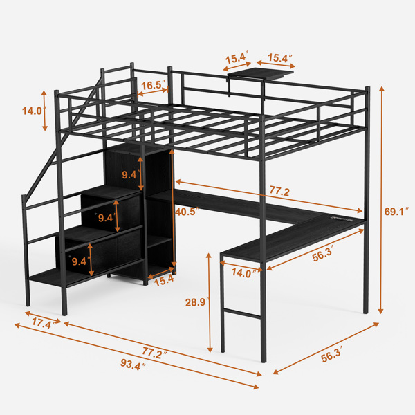 Full Size Metal Loft Bed with L-shaped Desk, LED Lights, Charging Cradle, LED Loft Bed Frame, Full Size Bed with One Cabinet Wardrobe and 2 Fabric Drawers, Safety Rails and Ladder, Black