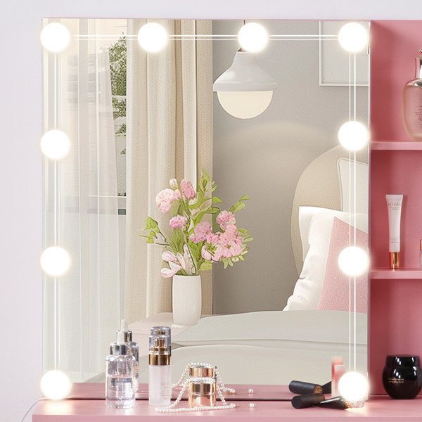 Pink Textured Particle Board with Melamine Laminate Five-Drawer Two-Shelf Sliding Door Mirror Cabinet Dressing Table Set with Three-Color Dimmable Bulb