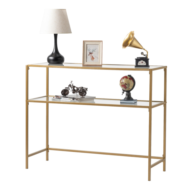 【same code：29997112】39.4" Console Sofa Table, Modern Entryway Table, Tempered Glass Table, Metal Frame, 2 Shelves, for Living Room, Hallway, Gold Color