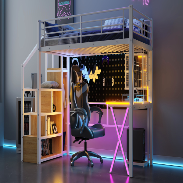 Twin Size Metal Loft Bed with Built-in Work Station, Wardrobe, Storage Staircase and LED, White