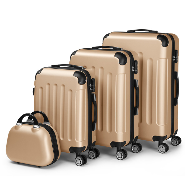 FCH Corner-Protected Four-Piece Set ABS Luggage Including 20in, 24in, 28in Suitcases + 12in Hand-Carry Case - ABS with Steel Telescopic Handle in Fashionable Champagne Gold