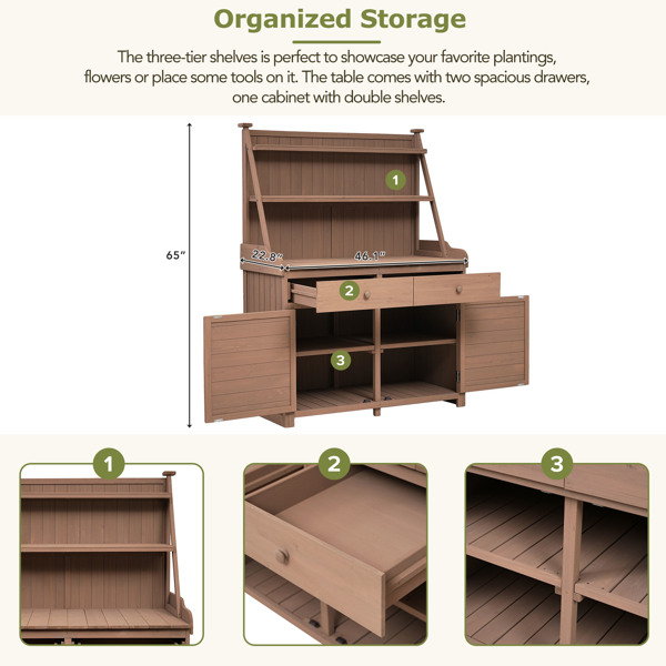 [Assembly Video Provided] 65inch Garden Potting Bench Table, Fir Wood Workstation with Storage Shelf, Drawer and Cabinet, Brown