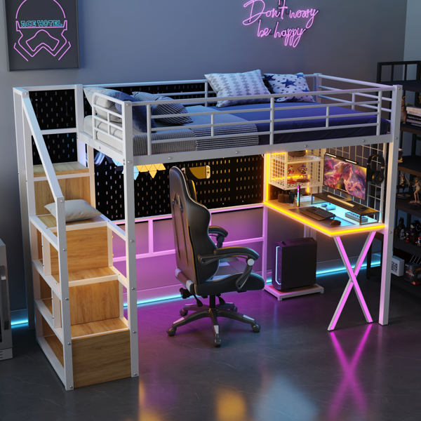 Twin Size Metal Loft Bed with Built-in Work Station, Wardrobe, Storage Staircase and LED, White