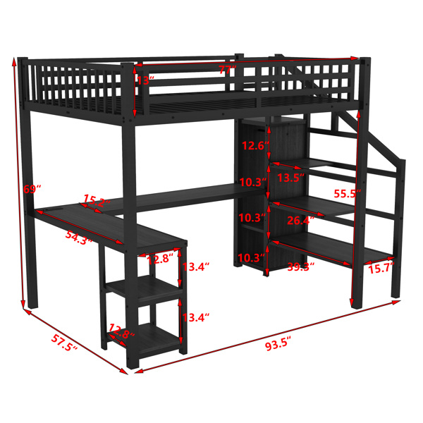 Metal Full Loft Bed with Wardrobe and LED Light, Full Size Loft Bed with L Shaped Desk and USB for Kids Teens Adults, Black