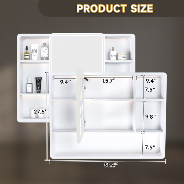 铝制药柜镜，35 x 28 英寸药柜，带 3 种颜色的 LED 灯和除雾功能，浴室镜柜，带化妆品收纳架和吹风机支架，白色-13