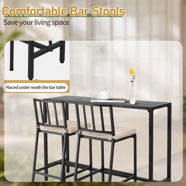 3 Piece Outdoor Patio Bar Set, 55" Rectangular Pub Height High Top Bar Table with 2 Cushioned Bar Stools, Metal Bar Table and Chairs Set for Balcony Backyard Porch