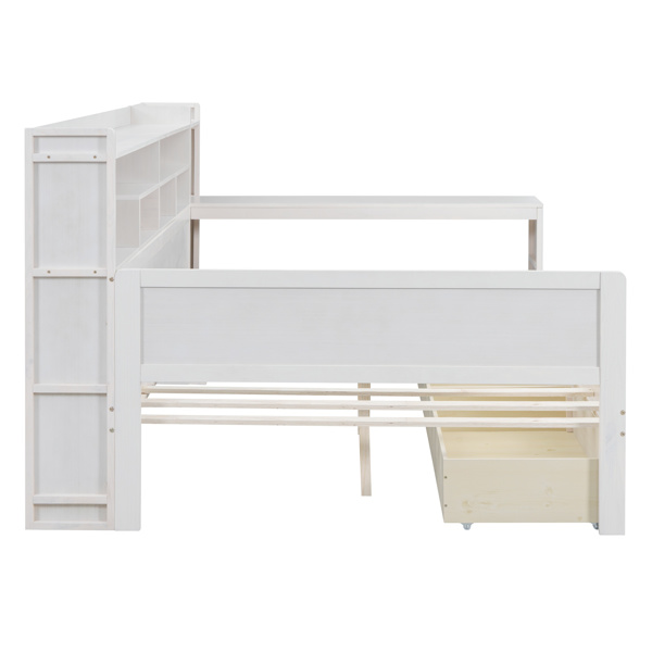 Wooden Full Size Daybed with Storage Shelves, Multi-functional Bed with Two Storage Drawers and  Study Desk, Antique White