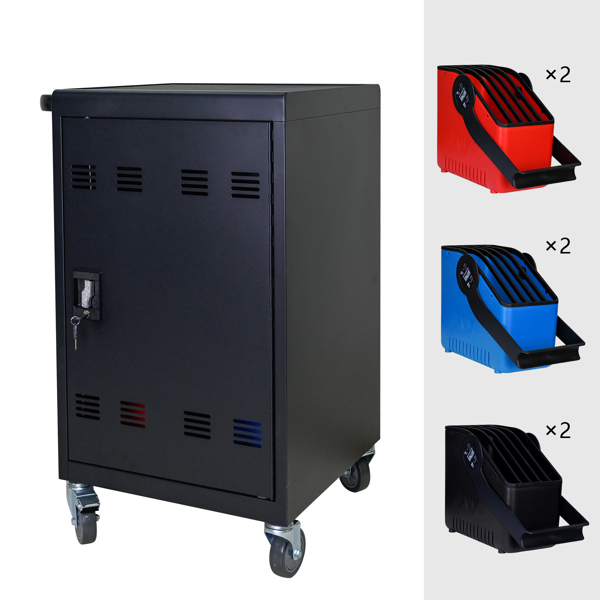 Tablet Laptop 32-bit-Plastic Device Basket Device for Mobile Charging Trolley- Includes Cable Management Dividers, Cable Clips, Storage Compartment, and Removable Doors (Black)
