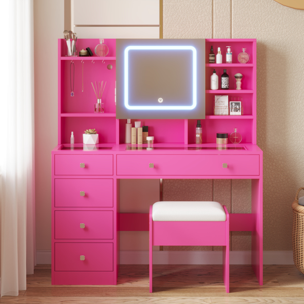 Barbie Pink Textured Particle Board with Melamine Laminate, Tempered Glass Top, Five-Drawer Dressing Table Set with Shelves, Hooks, Power Strip, and LED Three-Color Dimmable Light