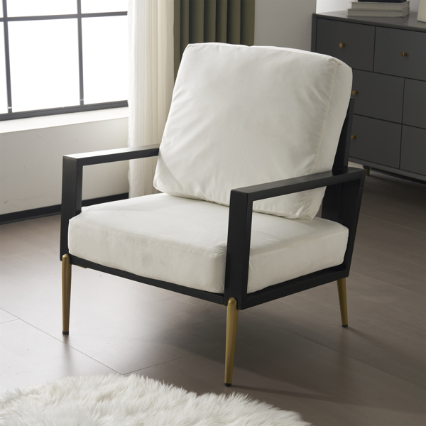 Modern Low Back White Upholstered Accent Armchair with Gold Metal Legs & Rubberwood Frame, Chic Wide Armrest Minimalist Lounge Chair with Pillow Back, Single Sofa Chair for Living Room&Balcony, White