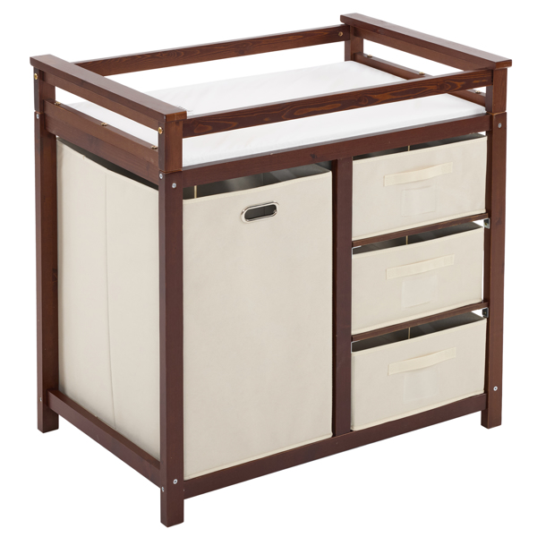 FCH Wooden Frame Removable Top Brown Painted Pine Children's Cot with 3 Fabric Drawers + 1 Fabric Bag