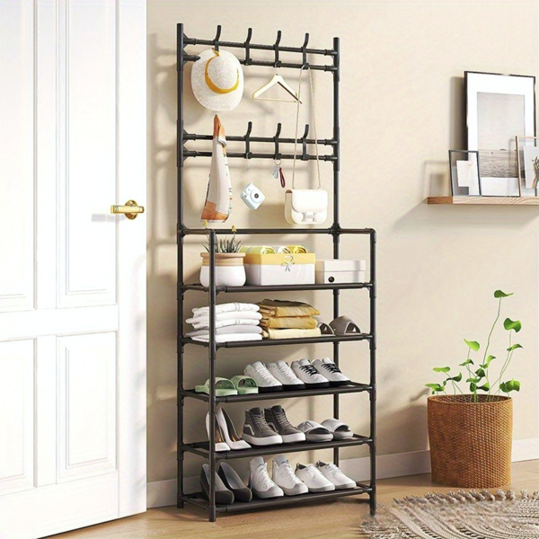 5-Tier Multi-Functional Shoe Rack & Coat Stand – Freestanding Entryway Organizer for Shoes, Boots, Hats & Coats, Fits 10-15 Pairs, Ideal for Bedrooms, Hallways & Dorms