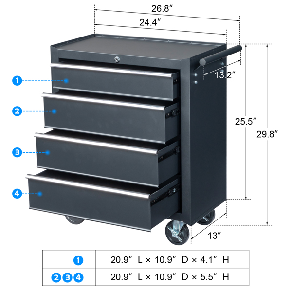 Single-bottom cabinet 4-draw, steel, black 330lb instrument cart, storage room