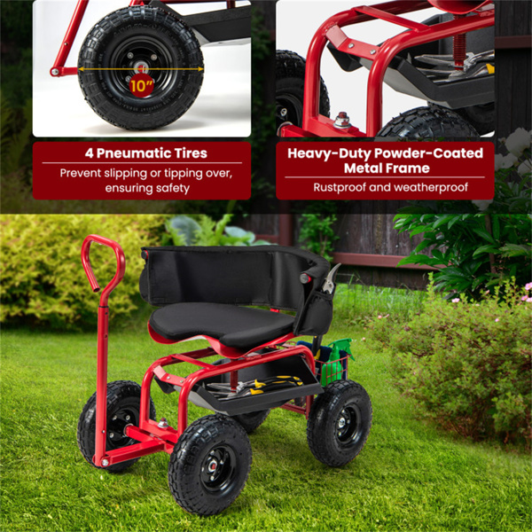 Garden Cart Height Adjustable Scooter with Swivel Seat & Tool Storage Red