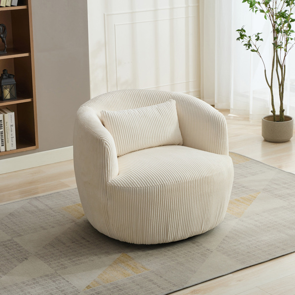 34.25 "Wide Upholstered Corduroy Metal Base 360° Swivel Barrel Soft Chair with Pillow, for Club, Living Room, Bedroom, Office as well as Reading Armchair, Ivory.