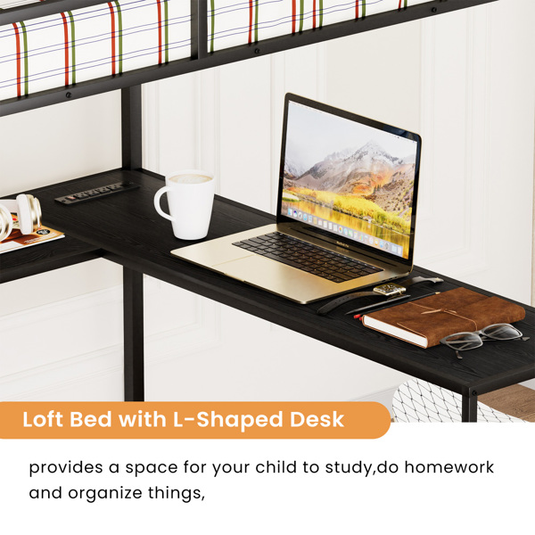 Full Size Metal Loft Bed with L-shaped Desk, LED Lights, Charging Cradle, LED Loft Bed Frame, Full Size Bed with One Cabinet Wardrobe and 2 Fabric Drawers, Safety Rails and Ladder, Black