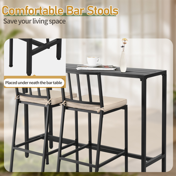 3 Piece Outdoor Patio Bar Set, 55" Rectangular Pub Height High Top Bar Table with 2 Cushioned Bar Stools, Metal Bar Table and Chairs Set for Balcony Backyard Porch