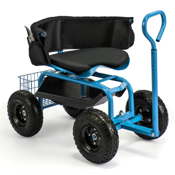 Garden Cart Height Adjustable Scooter with Swivel Seat & Tool Storage Blue