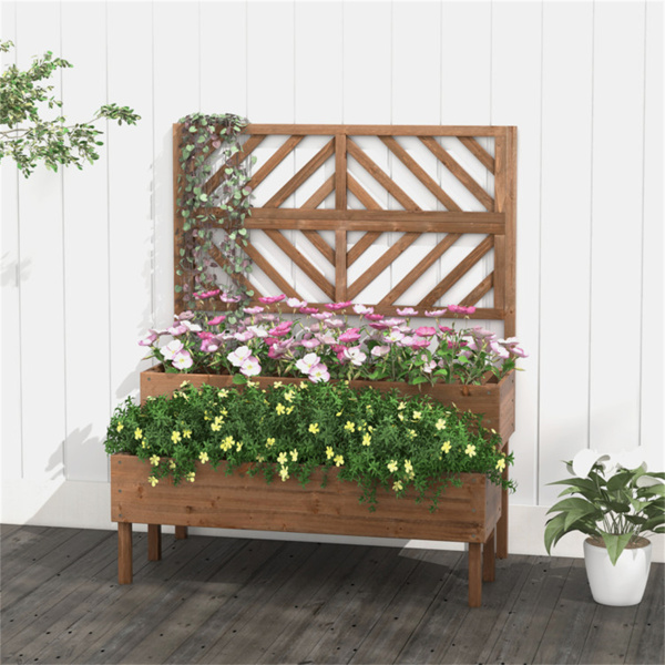 2-Tier Wooden Elevated Planter Box wwith Trellis