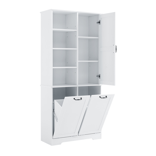 Bathroom Storage Cabinet with Doors and Drawers, Tilt-Out Laundry Hamper, Multiple Storage Space, Freestanding Style, Open Shelve, Adjustable Shelf, White