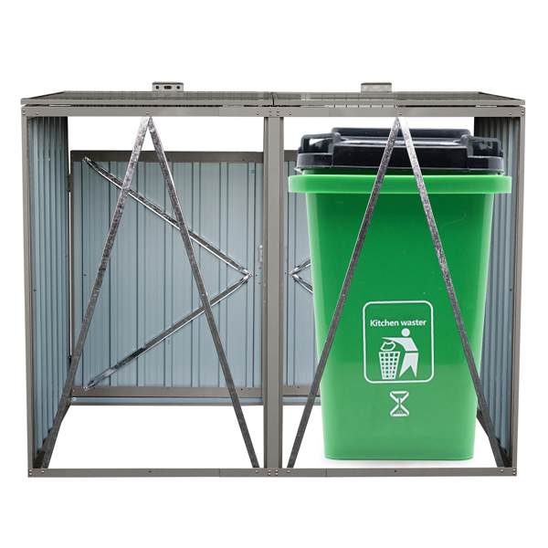 Garbage Bin Shed Stores 2 Trash Cans Metal Outdoor Bin Shed for Garbage Storage,Stainless Galvanized Steel, Bin Shed for Garden Yard Lawn,Grey