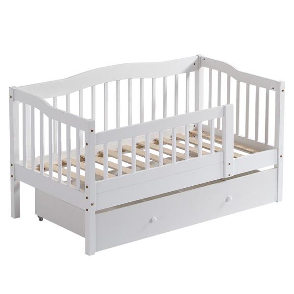 FCH Vertical Fence White Painted Pine Toddler Bed with Bottom Drawer and Side Car Bed