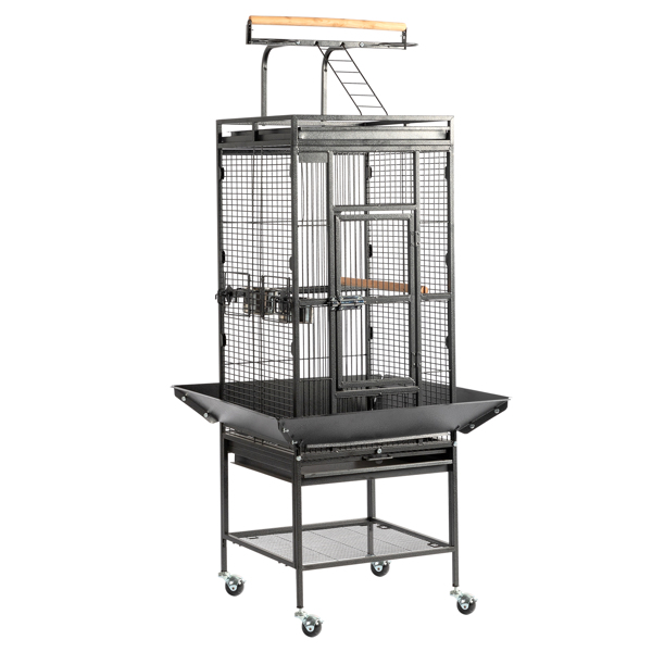 65-inch Wrought Iron Large Rolling Bird Cage with Play Top and Stand for Parrots Lovebird Cockatiel Parakeets, Black