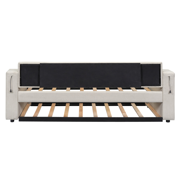 Twin Size Upholstery Daybed with Storage Arms, Trundle and USB Design, Beige(Old SKU:GX000547AAA)