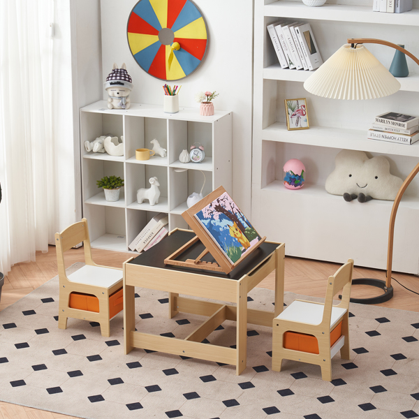 Children's Wooden Table And Chair Set With Two Storage Bags (One Table And Two Chairs)