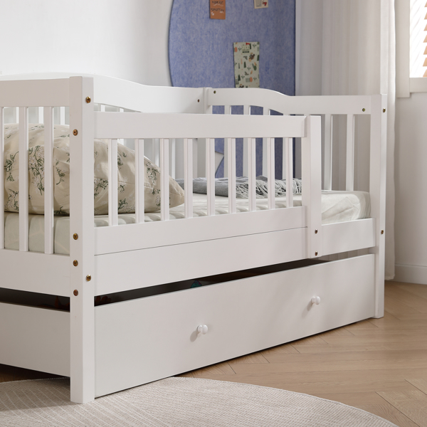 FCH Vertical Fence White Painted Pine Toddler Bed with Bottom Drawer and Side Car Bed