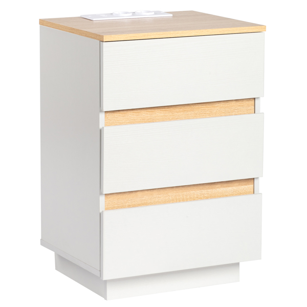 FCH embossed white + embossed oak E1 particle board 12MM handle-free 38*32*56cm 3 drawers bedside table European standard socket 1pc