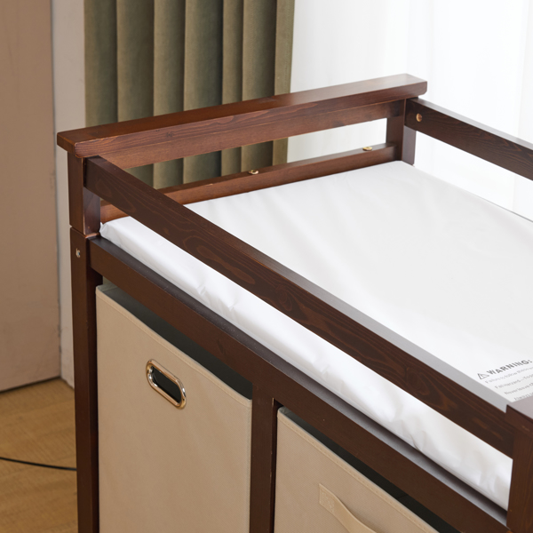 FCH Wooden Frame Removable Top Brown Painted Pine Children's Cot with 3 Fabric Drawers + 1 Fabric Bag