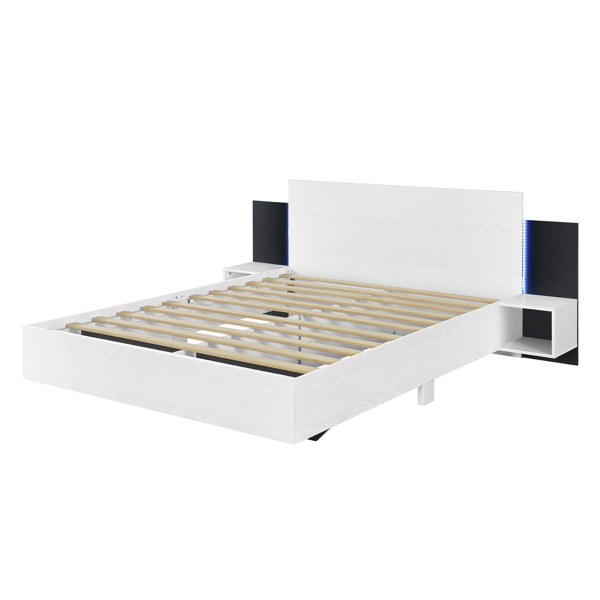 Queen Size Wooden  Floating Platform Bed, with LED Lights, Bedside Nightstand, White