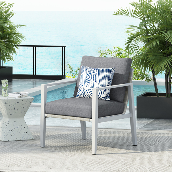 Silver Aluminum Lounge Chair with Sleek Rope Accents and Comfortable Cushions, Perfect for Modern Outdoor and Indoor Spaces