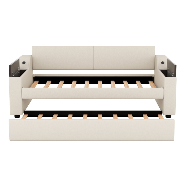 Twin Size Upholstery Daybed with Storage Arms, Trundle and USB Design, Beige(Old SKU:GX000547AAA)