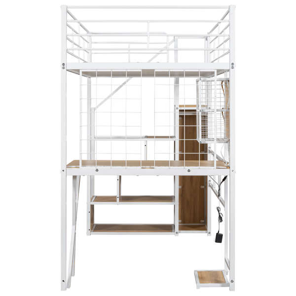 Twin Size Metal Loft Bed with Built-in Work Station, Wardrobe, Storage Staircase and LED, White