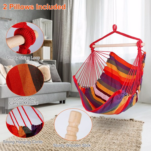 Hammock Hanging Chair Canvas Porch Patio Swing Seat Portable Camping Rope Seat Wooden Stick Hammock Chair with 2 Pillows 265LBS Load-bearing