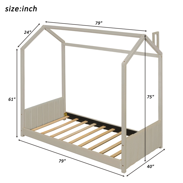 Twin Size Velvet House Bed Wood Bed, Beige