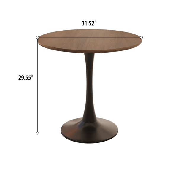 31.5 " walnut color MDF round dining table, tulip dining table, and 2 artificial leather decorative chairs with black metal legs, 2-4 person kitchen dining table and chair set 