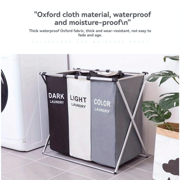 Folding 3-Section Laundry Hamper Sorter - Waterproof Oxford Bags, Sturdy Aluminum Frame, Perfect for Home and Dorm Storage and Organization