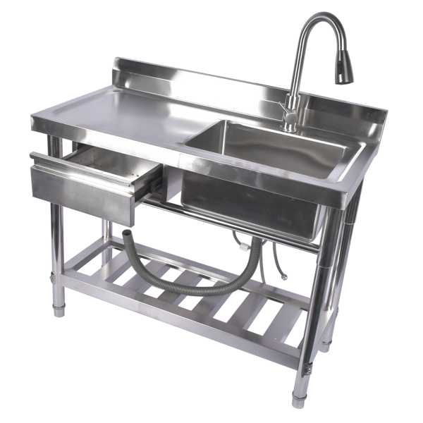 Stainless Steel Kitchen Sink Commercial Freestanding Utility Sink with Drawer and Pull-Out Faucet (39.3", RIght Sink)