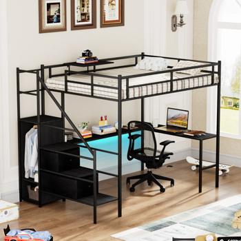 Full Size Metal Loft Bed with L-shaped Desk, LED Lights, Charging Cradle, LED Loft Bed Frame, Full Size Bed with One Cabinet Wardrobe and 2 Fabric Drawers, Safety Rails and Ladder, Black