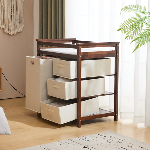 FCH Wooden Frame Removable Top Brown Painted Pine Children's Cot with 3 Fabric Drawers + 1 Fabric Bag