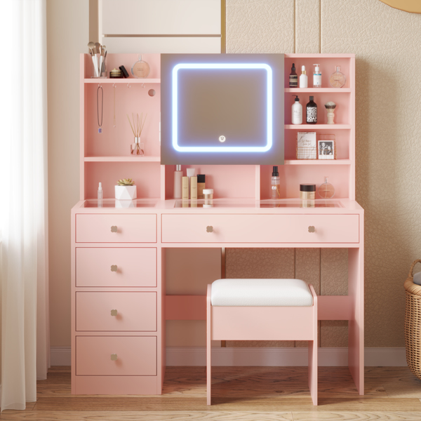 Apple Pink Textured Particle Board with Melamine Laminate, Tempered Glass Top, Five-Drawer Dressing Table Set with Shelves, Hooks, Power Strip, and LED Three-Color Dimmable Light